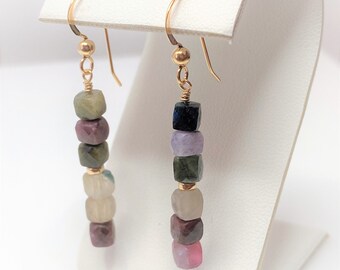 Watermelon Tourmaline Gold Filled Drop Earrings, Multicolour Gemstone