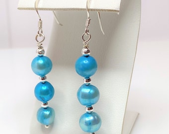 Sky Blue Pearl Sterling Silver Earrings, Triple Pearl Earrings, Freshwater Natural Pearl Drops, June Birthstone 30th Anniversary Gift