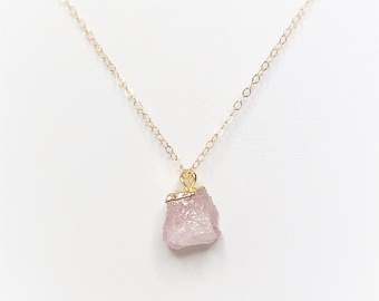 Rose Quartz Necklace, Gold Filled, Raw Pink Gemstone Pendant, Freeform Natural Stone, Minimalist Crystal Necklace, Necklaces for Women