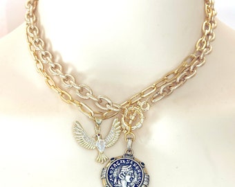 Gros collier pièce de monnaie coeur en or, chaîne en acier inoxydable, bijoux chaîne médaillon d'aigle égyptien, tour de cou pièce de style grec, colliers pour femme