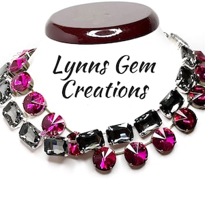 Black Fuchsia Crystal Necklaces, Anna Wintour Style, Pink Georgian Collet, Statement Rhinestone Choker, Necklaces for Women, Gift for Her