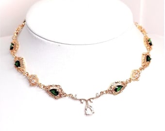 Regency Style Green Crystal Choker and Earrings Set, Gold Plated, Teardrop Fairycore Jewellery