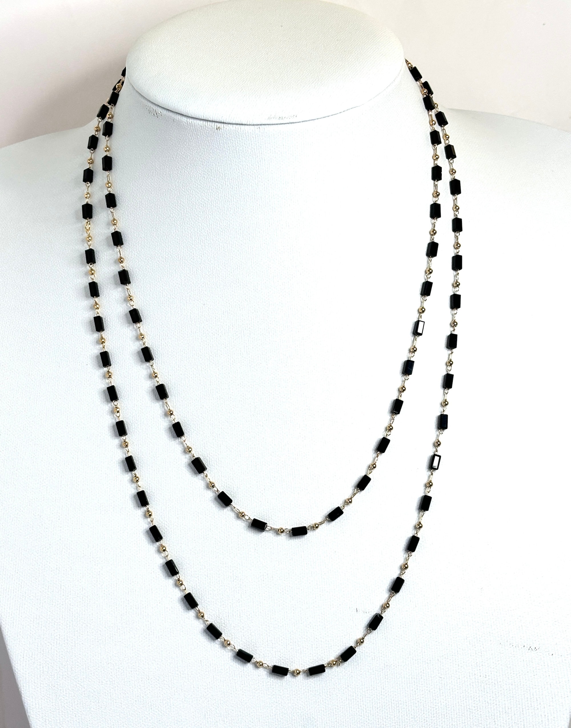 Long Black Beaded Gold Chain Necklace, Gold Tone, 40 or 78