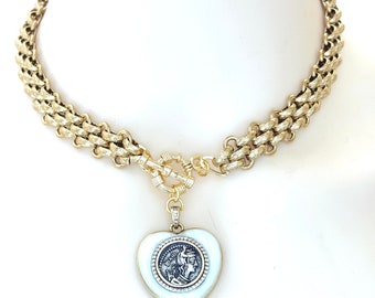 Chunky Gold Heart Coin Necklace, Stainless Steel Choker, Statement Medallion Chain Jewellery, Greek Style Coin Choker, Necklaces for Women