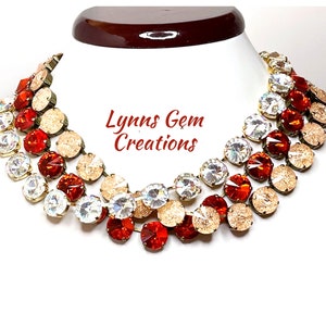Orange Clear Crystal Georgian Collet Chokers, Anna Wintour Style, Rhinestone Choker, Peach Riviere Necklace, Statement Necklace