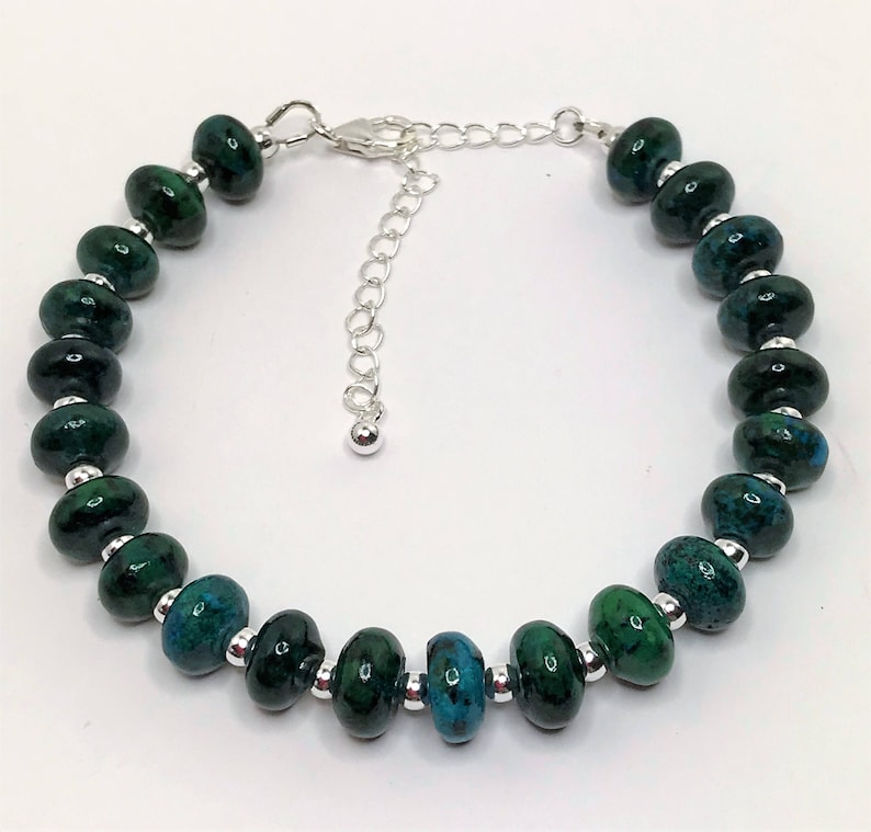 Chrysocolla Gemstone Bracelet 925 Sterling Silver Adjustable Bracelet Blue Green Beaded Bracelet Natural Stone Gift Unique Gift for Her