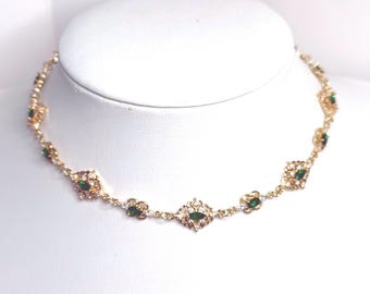 Emerald Crystal Regency Jewelry Set: Gold Plated Fairycore Choker, Bracelet & Earrings