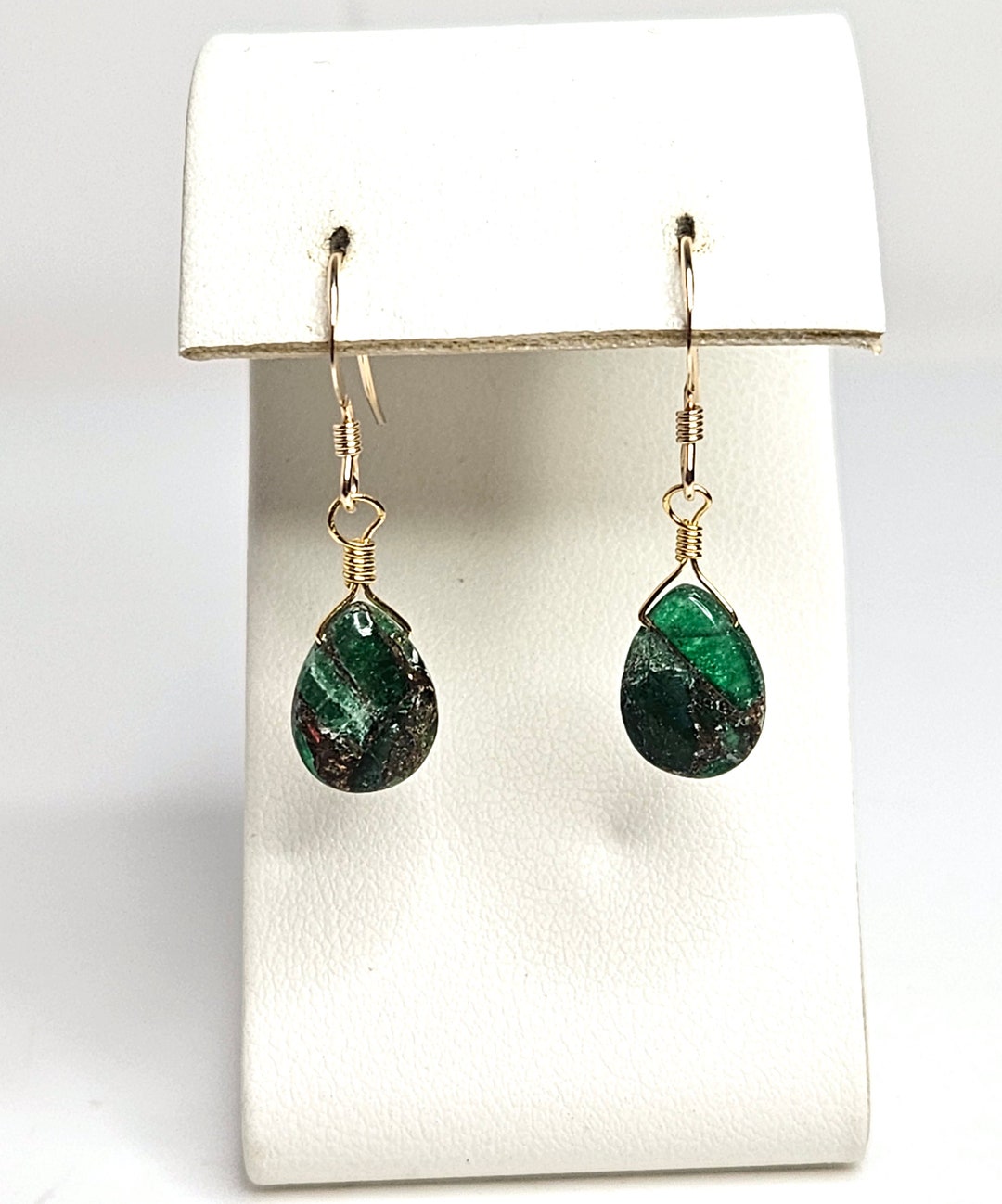 Boucles d'oreilles goutte d'eau en jade émeraude, or rempli, gouttes de ...