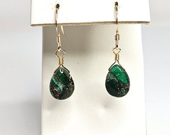 Emerald Jade Teardrop Earrings, Gold Filled, Green Raw Stone Drops, Natural Stone, Gemstone Earrings, August Birthstone, Green Jade Drops