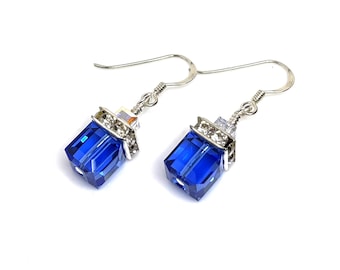 Blue Cube Crystal Earrings, Austrian Crystal, Sapphire Pendant, Sterling Silver, Bridal Earrings, Mother of the Bride, Earrings For Women