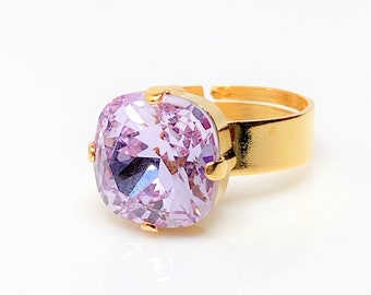 Violet Crystal Ring, 12mm Cushion Cut Ring, Gold Plated, Purple Stone Ring, Adjustable, Statement Jewellery, Large Square Solitaire