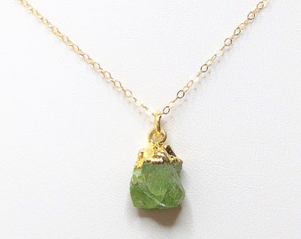 Raw Peridot Nugget Necklace: Gold Filled Pendant, Natural Gemstone