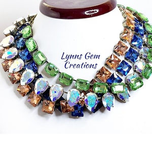 Anna Wintour Style Crystal Necklaces, Clear AB Sapphire Peridot, Antique Brass, Statement Choker, Riviere Necklaces For Women