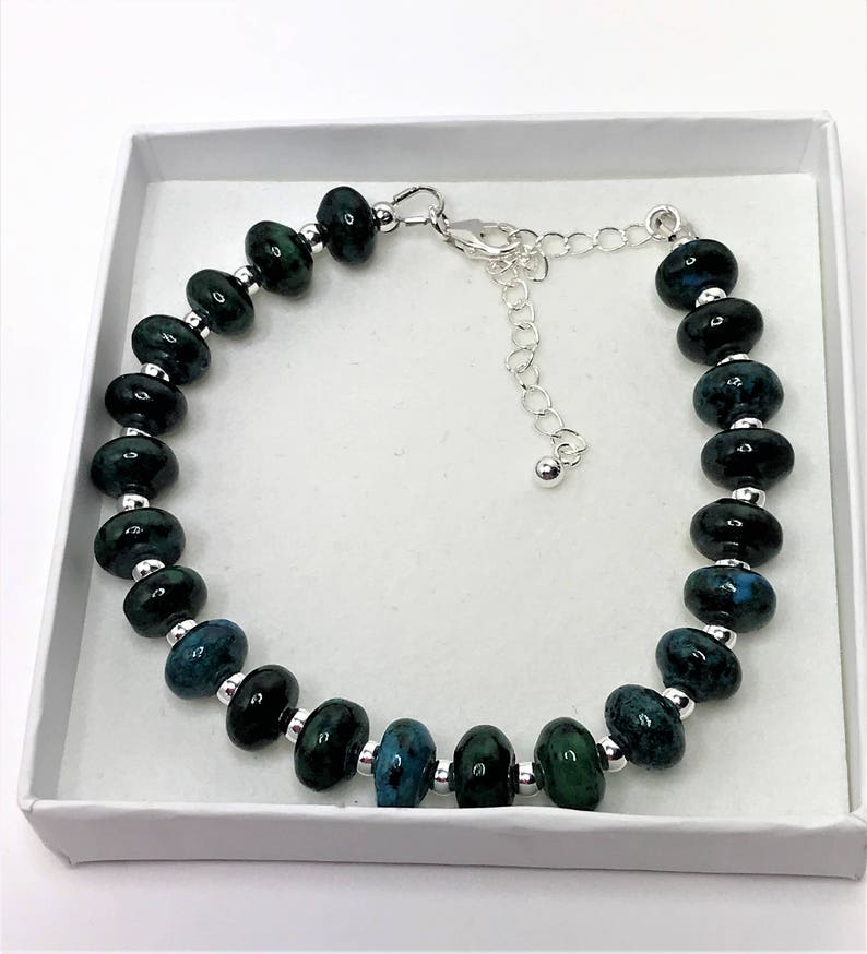 Chrysocolla Gemstone Bracelet 925 Sterling Silver Adjustable Bracelet Blue Green Beaded Bracelet Natural Stone Gift Unique Gift for Her