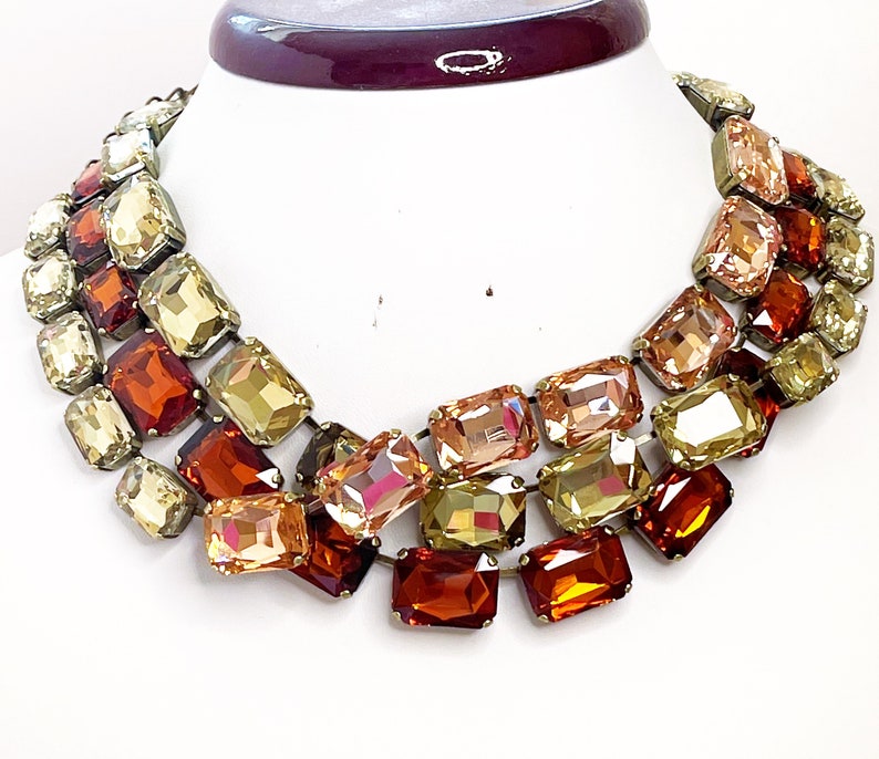 Burnt Orange Rhinestone Crystal Antique Brass Necklace Georgian Collet Women