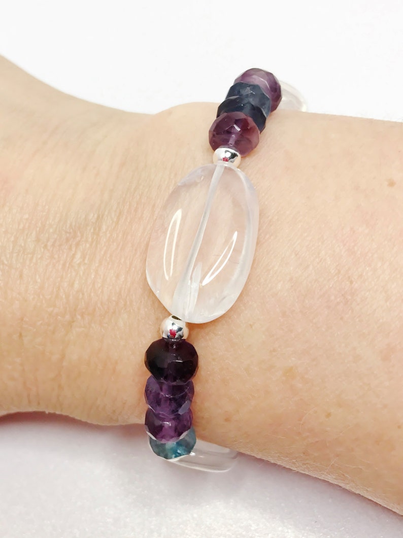 Fluorite and Quartz Sterling Silver Bracelet Girasol Quartz Bracelet Multicolour Jewellery Unique Gift for Her Purple Blue Green Bracelet