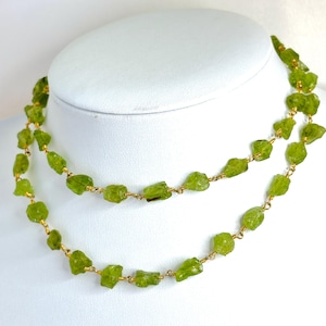 Raw Natural Peridot Stone Chain Necklace - 24 Inches - Gold Plated, August Birthstone Jewelry, Gemstone Gift for Her, Necklaces for Women