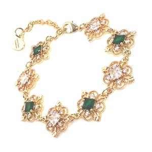 Vintage Style Emerald Green Crystal Gold Bracelet, Regency Inspired, Regal Flower Bracelet, Fairycore, Bracelets for Women, Gift for Her