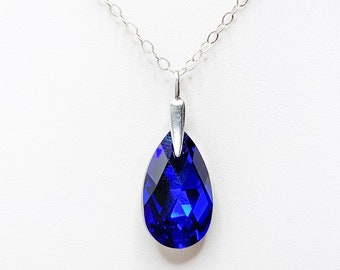 Majestic Blue Crystal Pendant, Premium Crystal Necklace, Blue Teardrop Pendant, 925 Sterling Silver, Gift For Her, Crystal Jewellery