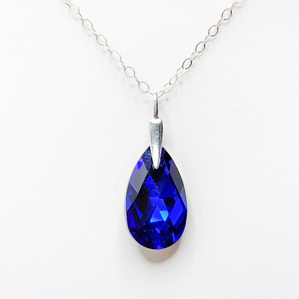 Majestic Blue Crystal Pendant, Premium Crystal Necklace, Blue Teardrop Pendant, 925 Sterling Silver, Gift For Her, Crystal Jewellery