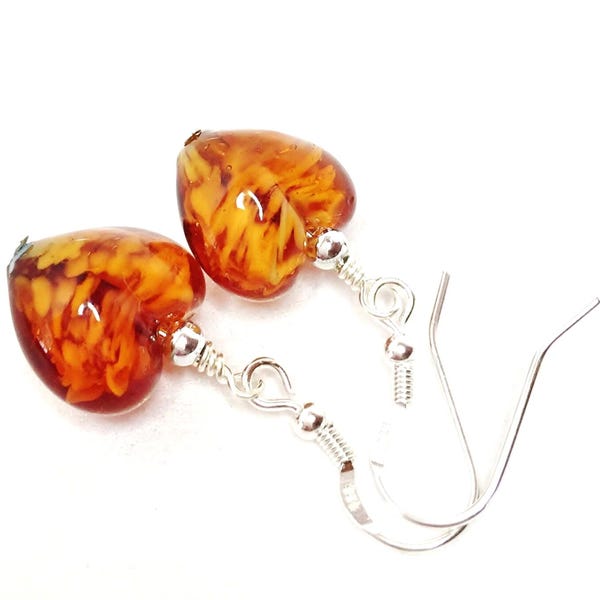 Topaz Heart Murano Glass Drops, Italian Dangle Earrings, Sterling Silver
