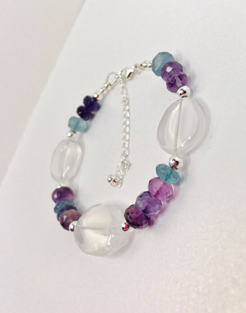 Fluorite and Quartz Sterling Silver Bracelet Girasol Quartz Bracelet Multicolour Jewellery Unique Gift for Her Purple Blue Green Bracelet