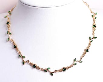 Emerald Crystal Gold Vine Jewelry Set, Regency Vintage Style, Coquette Choker, Fairycore Jewellery