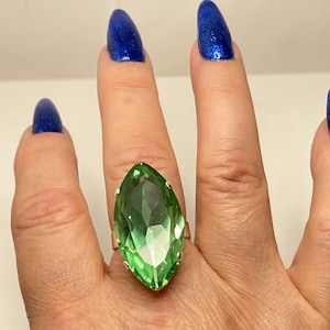 Mint Green Crystal Ring, Large Chrysolite Statement Ring, Silver Plated, Georgian Collet, Vintage Style, Rings For Women, Violet Navette
