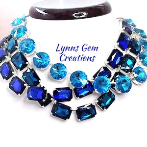 Anna Wintour Style Necklaces, Blue Georgian Collet, Aquamarine Crystal Choker, Blue Zircon Riviere Necklace, Statement Necklace, Layering
