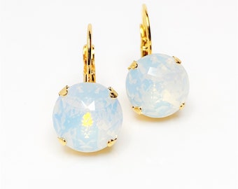 Ivory Cream Dome Cut Earrings, 12mm Milky Round Crystal Drops, Gold Lever Back Earrings, Earrings For Women
