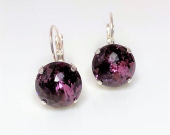 Amethyst Dome Cut Earrings, 12mm Round Crystal Drops, Silver Lever Back Earrings, Earrings For Women