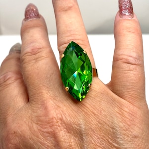 Large Peridot Green Crystal Ring, Oversized Statement Ring, Gold Plated, Georgian Collet, Vintage Style, Rings For Women, Large Navette
