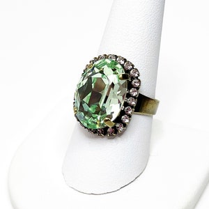 Mint Green CZ Crystal Ring, Oval Ring, Large Faceted Oval Ring, Statement Jewellery, Antique Brass, Rings for Women, Gift for Her
