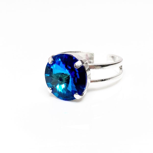 Bague cristal bleu des Bermudes, bague ronde 12 mm, plaqué argent, bague bleu-vert, réglable, bijoux tendance, solitaire rond scintillant