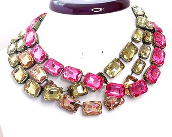 Pink Crystal Necklace, Light Silk Choker, Anna Wintour Style, Yellow Riviere Necklace, Statement Necklace, Georgian Collet Layering Chokers