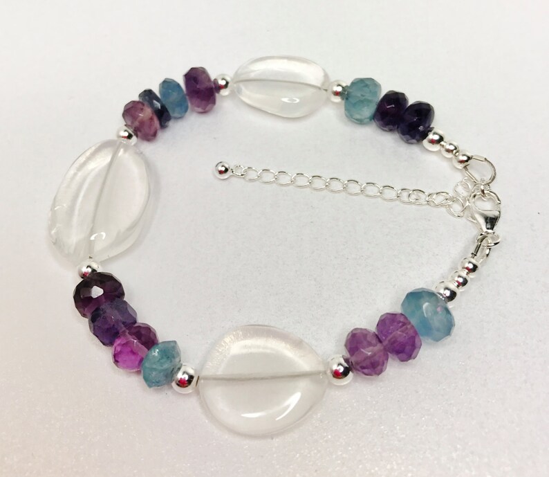 Fluorite and Quartz Sterling Silver Bracelet Girasol Quartz Bracelet Multicolour Jewellery Unique Gift for Her Purple Blue Green Bracelet