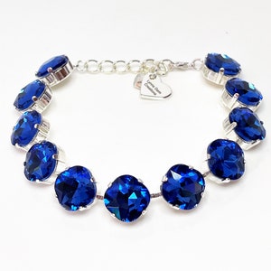 Sapphire Blue Crystal Bracelet, 12mm Cushion Cut, Blue Tennis Bracelet, Bridesmaid Gift, Georgian Statement Bracelet, Bracelets for Women image 2