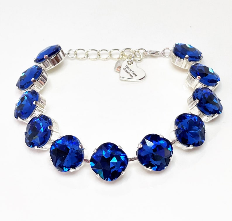 Sapphire Blue Crystal Bracelet, 12mm Cushion Cut, Blue Tennis Bracelet, Bridesmaid Gift, Georgian Statement Bracelet, Bracelets for Women image 2