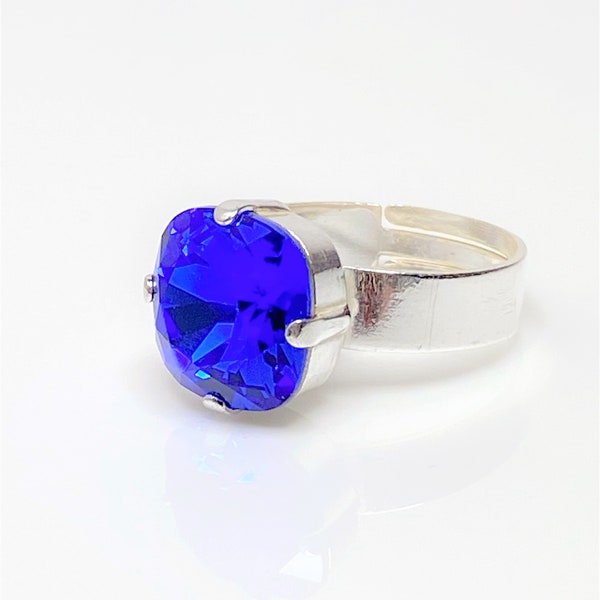 Majestic Blue Crystal Ring, 12mm Cushion Cut Ring, Silver Plated, Stone Ring, Adjustable, Statement Jewellery, Large Square Solitaire