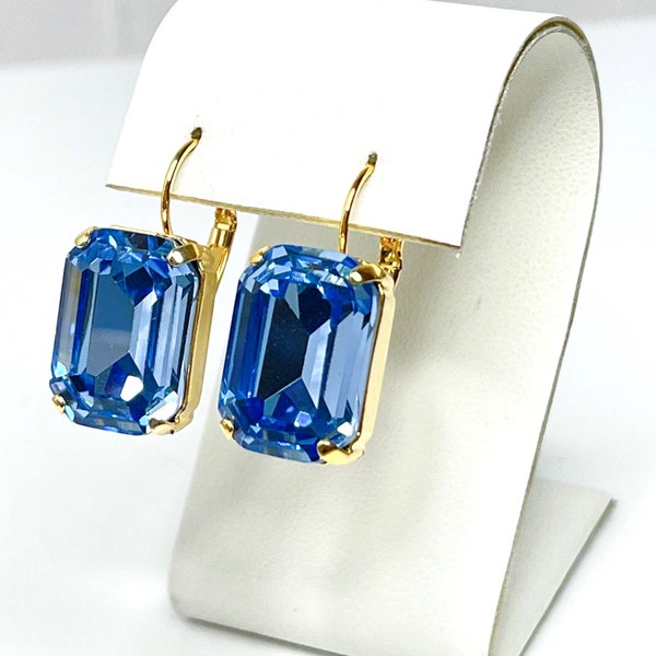 Light Sapphire Crystal Earrings, Gold Plated Drops, Vintage Style, Georgian Collet, Rectangle Statement Drops, Earrings For Women