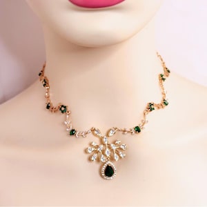 Emerald Teardrop Crystal Gold Necklace Bracelet, Regency Inspired Choker, Coquette Flower Necklace, Fairycore Choker, Gift for Her