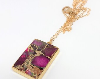 Collier En Or 18K Plaqué Avec Jade Rouge – Bijou Français, Neuf Avec Étiquettes
