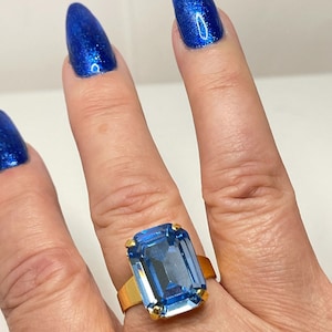 Aquamarine Crystal Rectangle Ring, Large Crystal Ring, Gold Plated, Vintage Style, Cocktail Ring, Statement Jewelry, Rings For Women