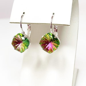 Rainbow Crystal Silver Plated Earrings, 10mm Princess Cut, Multi Colour Sparkly Drops, Wedding Earrings, Earrings for Women, Gift for Her