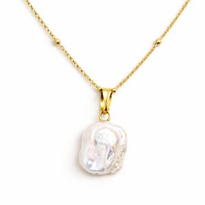Collar de perlas de agua dulce en oro de 14 quilates, colgante rectangular grande de perla natural, regalo para ella.