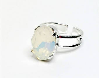 White Opal Crystal Adjustable Ring, Oval Glass Ring, Opal Crystal, October Birthstone, Large Crystal Silver Ring, Rings For Women