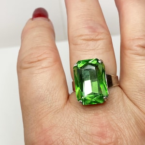 Peridot Green Rectangle Crystal Ring, Statement Ring, Antique Silver, Vintage Style, Adjustable Rings For Women