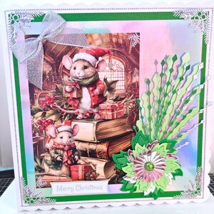 Large Luxury Handmade Christmas Card, Santas Helpers, Cute Holiday Mice Greeting Card, 3D Flowers Bow, Friends, Vintage Christmas.