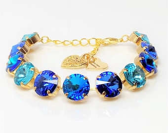 Sea Blue Austrian Crystal Bracelet, Gold Plated, Bermuda Blue, Sapphire, Turquoise, Statement Jewelry, Georgian Paste, Bracelets For Women