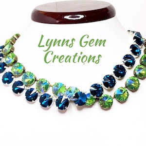 Blue Zircon Peridot AB Crystal Georgian Collet Necklaces, Anna Wintour Style, Statement Green Riviere Necklace, Birthday Gift for Her